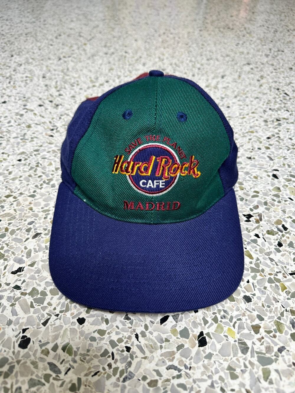 Old School Hard Rock Cafe Madrid Snapback Hat Save The Planet Color Block Wool